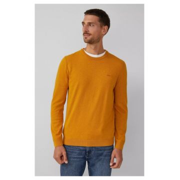 Pulover barbati cu logo brodat si decolteu la baza gatului - Regular fit - Mustar -