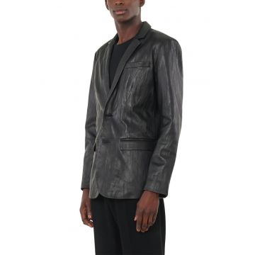 Sacou de piele slim fit - guler cu rever - inchidere cu nasturi - buzunare cu clapete