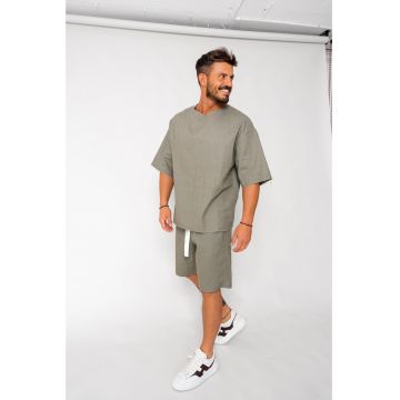 Set Lino 100% In Tricou si pantalon scurt Dark Olive 17981