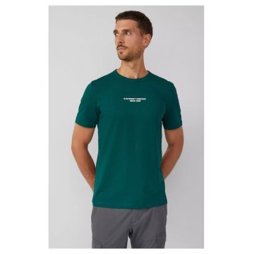 Tricou barbati - Regular fit cu decolteu la baza gatului si imprimeu cu text - Verde inchis -