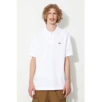 Lacoste polo de bumbac culoarea alb, uni