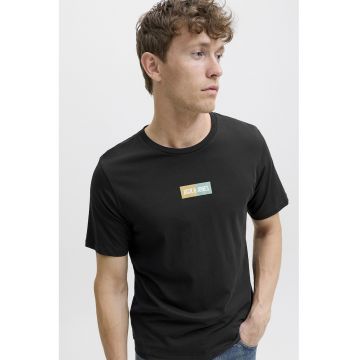 Tricou din bumbac cu decolteu la baza gatului si logo