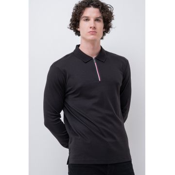 Bluza din bumbac cu guler polo si model uni