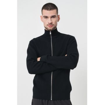 Cardigan din amestec de bumbac organic cu guler inalt si fermoar