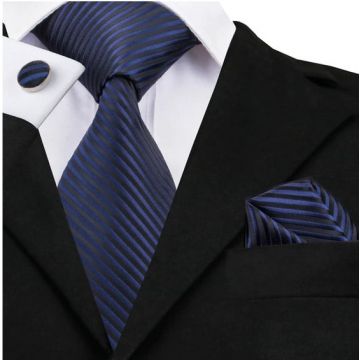 Set cravata bleumarin + batista + butoni - matase - model 347