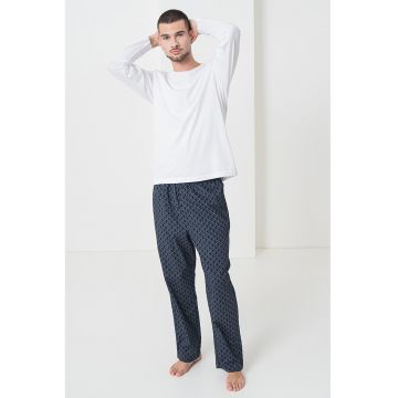 Pijama de bumbac cu pantaloni lungi si logo brodat