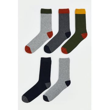 Set de sosete lungi colorblock - 5 perechi - Rosu/Galben sofran/Gri inchis melange