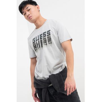 Tricou de bumbac cu decolteu la baza gatului si logo
