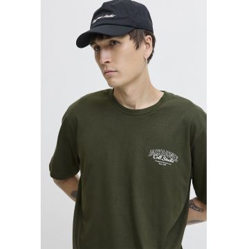 Tricou de bumbac cu imprimeu si decolteu la baza gatului
