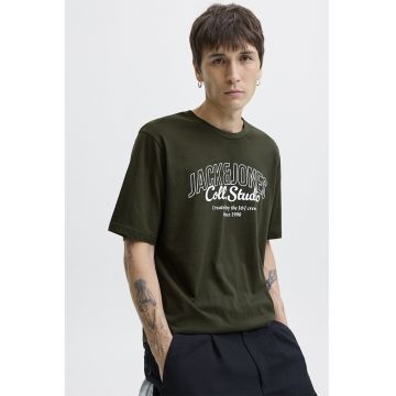 Tricou de bumbac cu imprimeu si decolteu la baza gatului