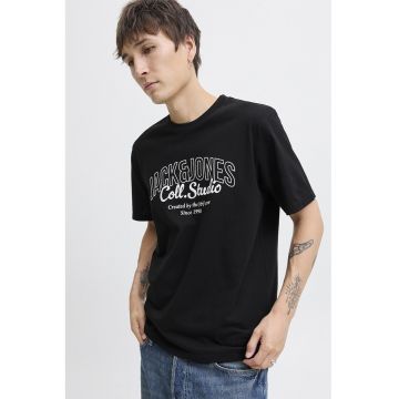 Tricou de bumbac cu imprimeu si decolteu la baza gatului