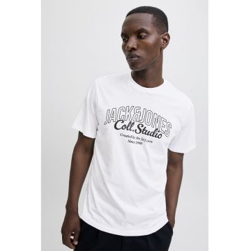 Tricou de bumbac cu imprimeu si decolteu la baza gatului
