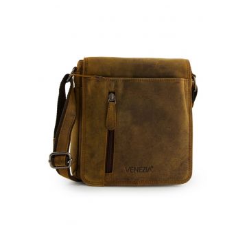 Geanta barbati -  crossbody - piele naturala - maro - 22x6x7cm - set cu 3 buzunare interioare si 3 exterioare
