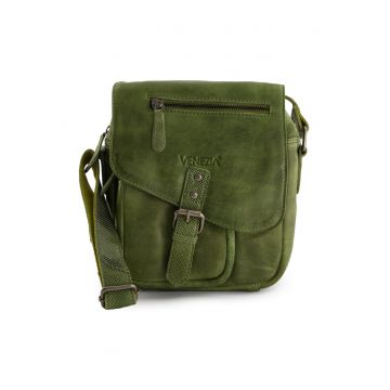 Geanta crossbody barbati -  piele naturala - verde - 25x24x8cm - 6 buzunare - curea max 140cm
