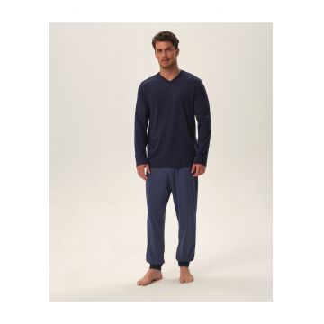 Pijama barbati  albastru - bumbac - maneca lunga - set 1 bluza + 1 pantalon