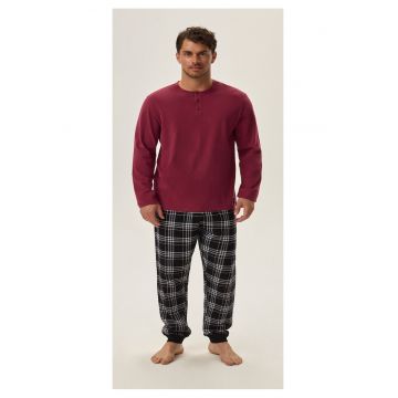 Pijama barbati  Honor - bumbac - zmeura si negru - maneca lunga - set bluza si pantaloni