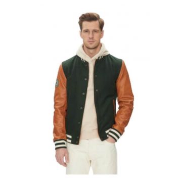 Geaca barbati -  Varsity Bomber - piele naturala - verde - maro
