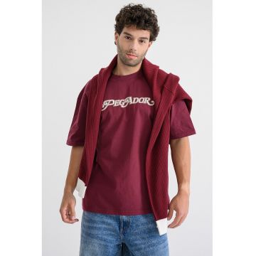 Tricou din bumbac cu imprimeu logo si maneci cazute