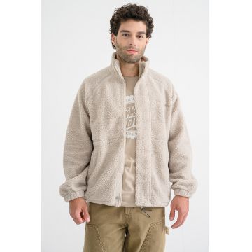 Jacheta din material teddy cu maneci raglan si fermoar