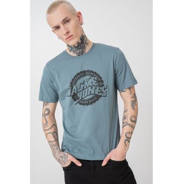 Tricou cu imprimeu logo si decolteu la baza gatului