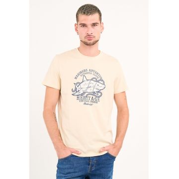 Tricou din bumbac cu design grafic si decolteu la baza gatului