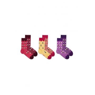 Sosete bambus BOX 3 FINE BAMBOO Bees - Purple Yellow Coral