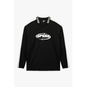 Bluza de trening cu design text si decolteu polo