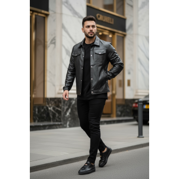 Geaca barbati neagra piele ecologica 12204  T13-1