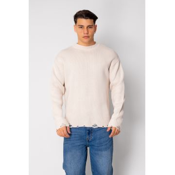 Pulover din mix de lana cu efect de rupturi Beige New 19028 Pulover din mix de lana cu efect de rupturi Beige New 19028