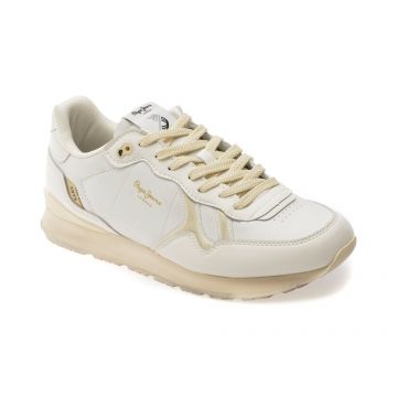 Pantofi sport PEPE JEANS albi, BRIT DISTRESS, din piele ecologica