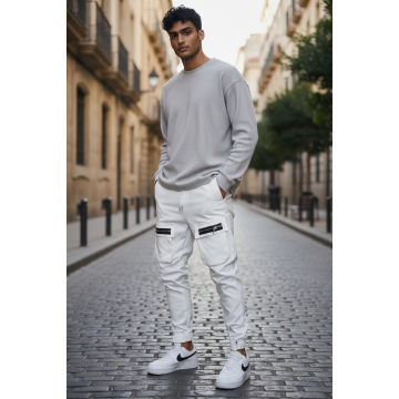 Pantaloni de trening cargo  alb  conici Y103 O3-5.2 Pantaloni de trening cargo  alb  conici Y103 O3-5.2