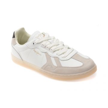 Pantofi sport PEPE JEANS albi, BALL CLUB, din piele naturala