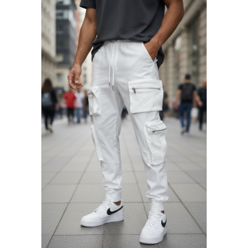 Pantaloni de trening cargo  albi  conici Y308 P20-4.1 Pantaloni de trening cargo  albi  conici Y308 P20-4.1