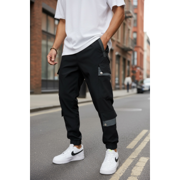 Pantaloni de trening cargo  negri  conici T201 Pantaloni de trening cargo  negri  conici T201