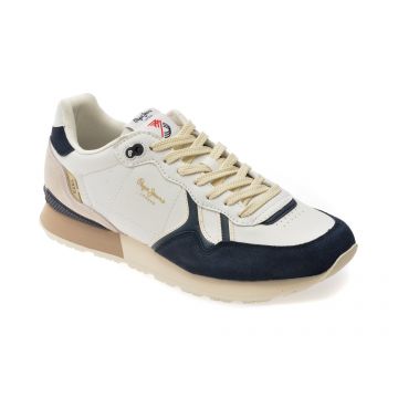 Pantofi sport PEPE JEANS albi, BRIT IVY, din piele ecologica