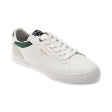 Pantofi sport PEPE JEANS albi, KENTON COURT, din piele ecologica