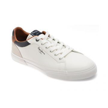 Pantofi sport PEPE JEANS albi, KENTON COURT, din piele ecologica
