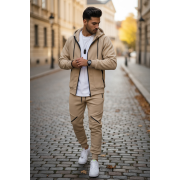 Trening barbati slim fit bej  Pantaloni + Hanorac  vatuit   5057 Trening barbati slim fit bej  Pantaloni + Hanorac  vatuit   5057