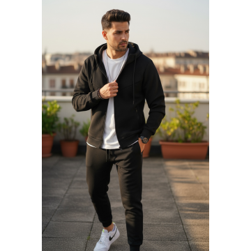 Trening barbati slim fit negru  Pantaloni + Hanorac  vatuit 5030 Trening barbati slim fit negru  Pantaloni + Hanorac  vatuit 5030
