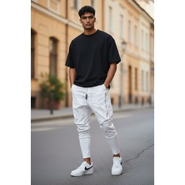 Pantaloni de trening cargo  albi  conici Y481