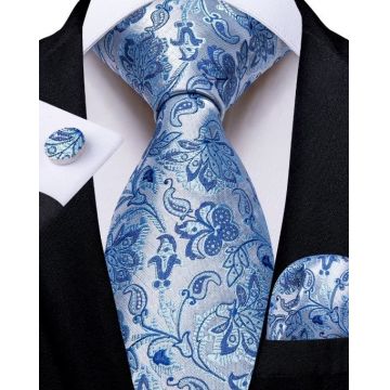 Set cravata bleu + batista + butoni - matase -- model 862