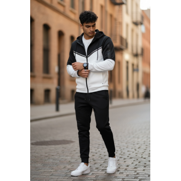 Trening barbati slim fit negru cu alb   Pantaloni + Hanorac RM08