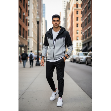 Trening barbati slim fit negru cu gri   Pantaloni + Hanorac RM08