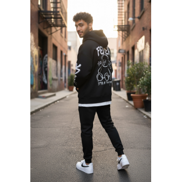 Trening barbati slim fit negru  Pantaloni + Hanorac  vatuit  RM57