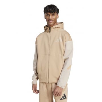 Hanorac cu maneci contrastante si fermoar - Bej/Maro nisip
