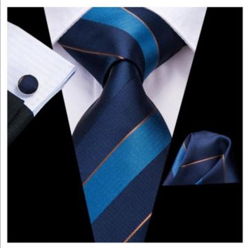 Set cravata albastra + batista + butoni - matase - model 18