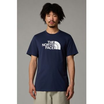 Tricou regular fit cu decolteu la baza gatului si imprimeu logo - Bleumarin