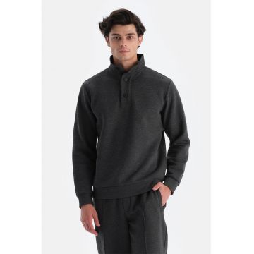 Bluza de trening cu model uni si fenta cu nasturi - Negru melange