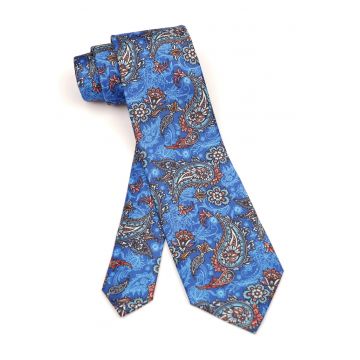 Cravata albastru intens cu model paisley si floral rafinat