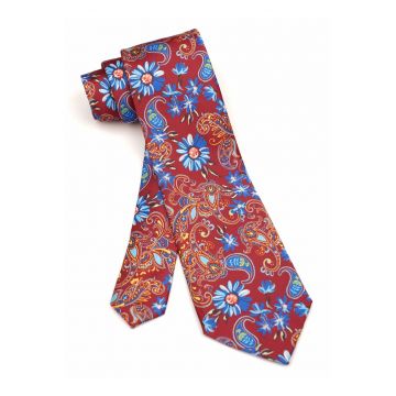 Cravata burgundy cu imprimeu floral albastru si detalii paisley